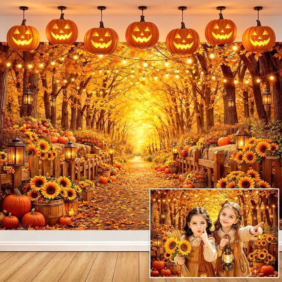 7x5ft Autumn Fall Pathway Backdrop, Rustic Pumpkin Sunflower Harvest Photography Background, Thanksgiving Forest Lantern Backdrop for Party Decor Photo Booth