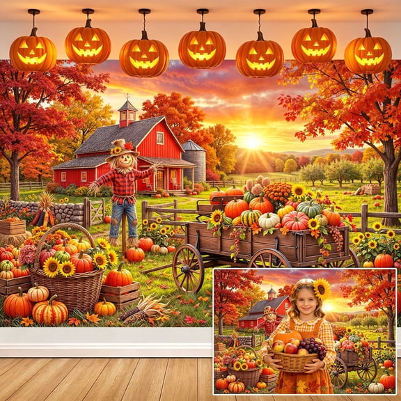 7x5ft Autumn Harvest Farm Backdrop, Rustic Red Barn Pumpkin Scarecrow Thanksgiving Background, Vibrant Fall Sunset Maple Tree Photography Backdrop for Party Decor Photo Booth Studio