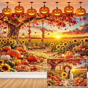7x5ft Autumn Sunset Sunflower Pumpkin Backdrop, Fall Harvest Swing Photography Background, Thanksgiving Rustic Farm Backdrop for Party Decor Photo Booth