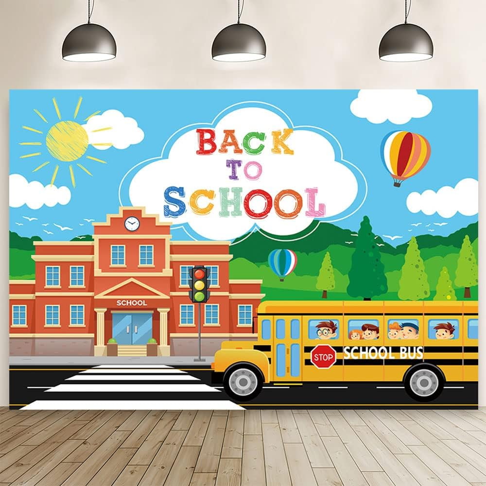 7x5ft Back to School Cartoon Backdrop School Bus First Day of School ...