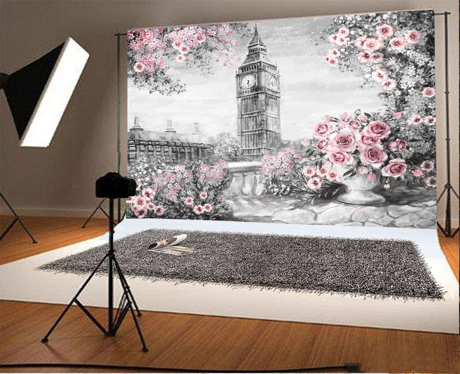 7x5ft Backdrop Photography Background London Big Ben Art Concept Pink Flowers Blooming Bluildings Hand Drawing Picture Wallpaper Backdrop Photo Studio Portrait Backdrop Shoot Video - image 1 of 3