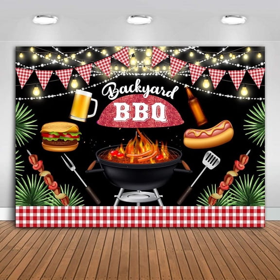7x5ft Backyard BBQ Backdrop Barbecue Beer Burgers Hot Dogs Background Green Leaves Light Bulb Background for Family Dinner Birthday Party Supplies Decoration Photo Booth Studio Props BJLSME297
