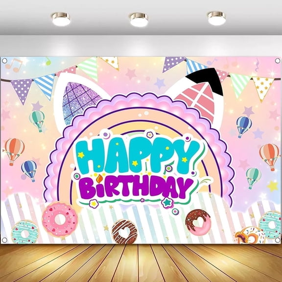 7x5ft Balloon Donut Star Cartoon Cat Birthday Backdrop for Kids