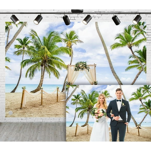 7x5ft Beach Wedding Photoshoot Backdrop Coconut Sea View With Veil Floral Arch Bride and Groom Beach Theme Party Engagement Proposal Background Photography Studio Props