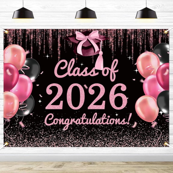 7x5ft Black Pink Congrats Grad Backdrop Pink Bow Class of 2026 Graduation Background Congratulate Graduate Party Decorations Banner Photo Booth Props