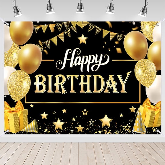 7x5ft Black and Gold Elegant Birthday Backdrop for Men and Women