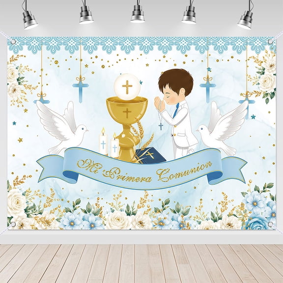7x5ft Blue Floral First Communion Backdrop for Boys Baptism Background