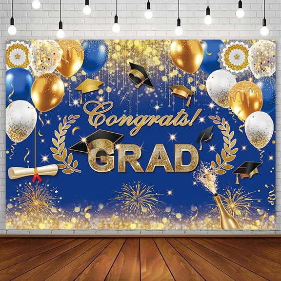 7x5ft Blue Gold Glitter Congrats Grad Backdrop Class of 2026 Graduation Background Congratulate Graduate Party Decorations Banner Photo Booth Props