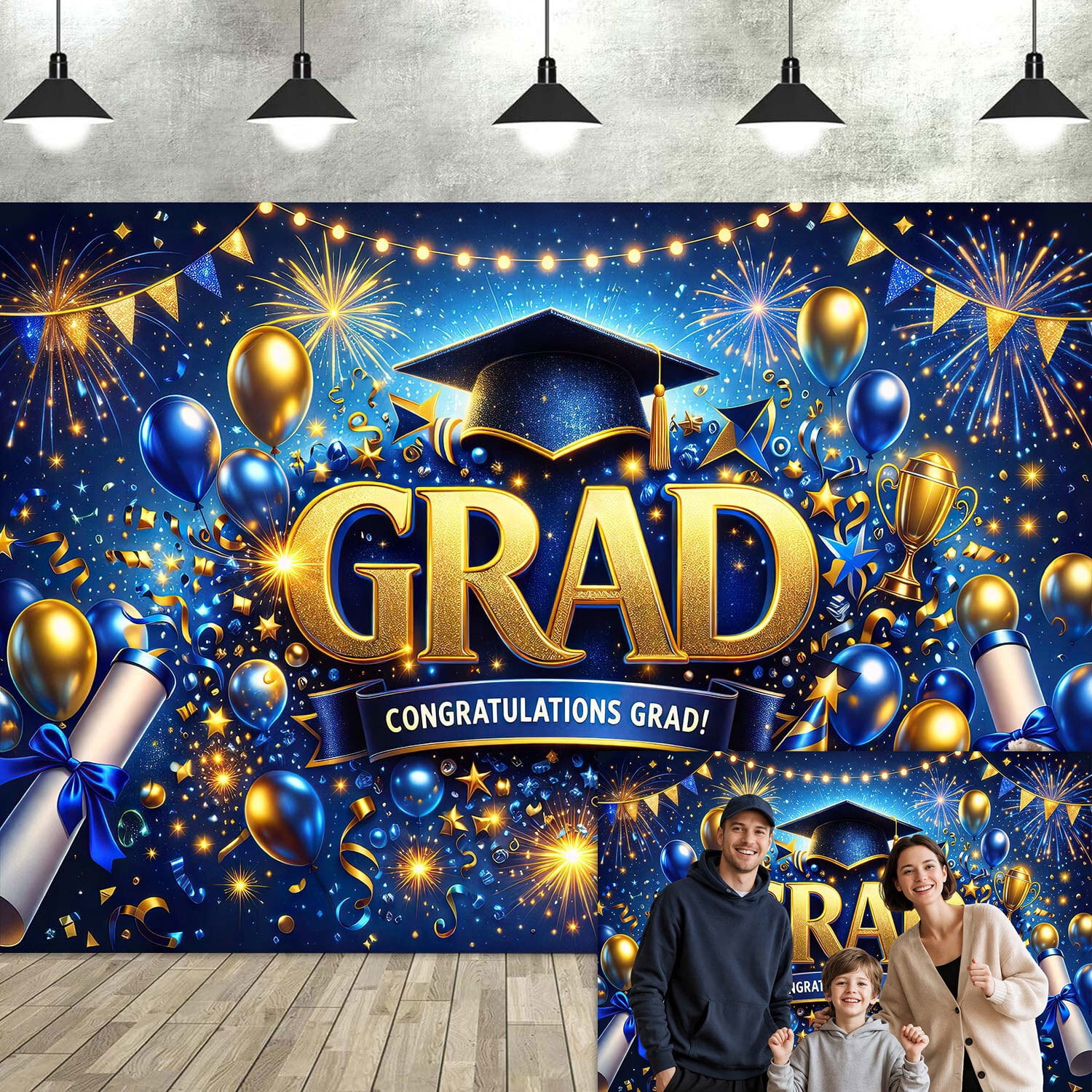 7x5ft Blue and Gold Graduation Photography Backdrop, Congratulations Grad Photo Booth Background with Cap Diploma Balloons, 2026 Grad Party Decorations Supplies