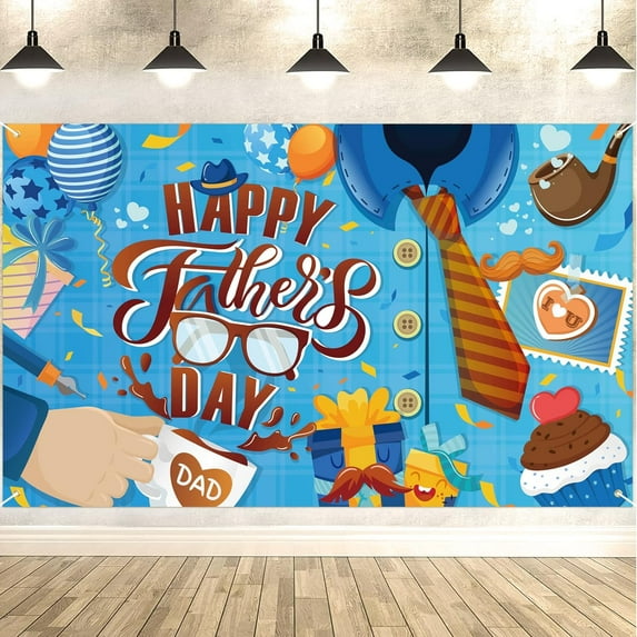 7x5ft Blue Happy Father's Day Backdrop with Brown Tie Star Balloons 'I Love You Dad' Letter Coffee 'HAPPY Father's Day' Sign Background Party Decorations Banner Photo Booth Props