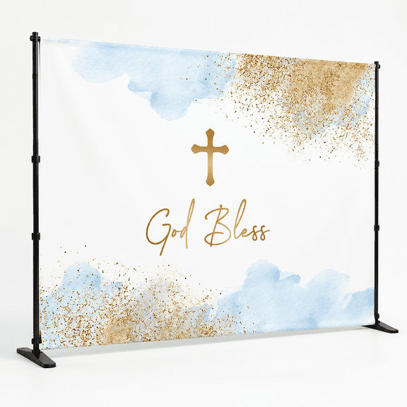 7x5ft Blue Watercolor Clouds Cross Baptism First Communion Photography Backdrop Banner