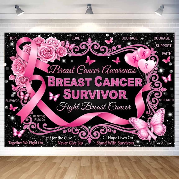 7x5ft Breast Cancer Awareness Backdrop Pink Ribbon Photography Background Rose Butterfly Glitter Backdrop Banner for Hope Faith Strength Breast Cancer Awareness Party Decorations Photo Studio Props