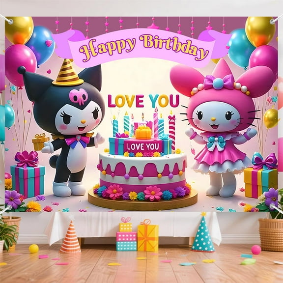 7x5ft Cartoon Cat Cake Colorful Balloon Birthday Backdrop for Kids