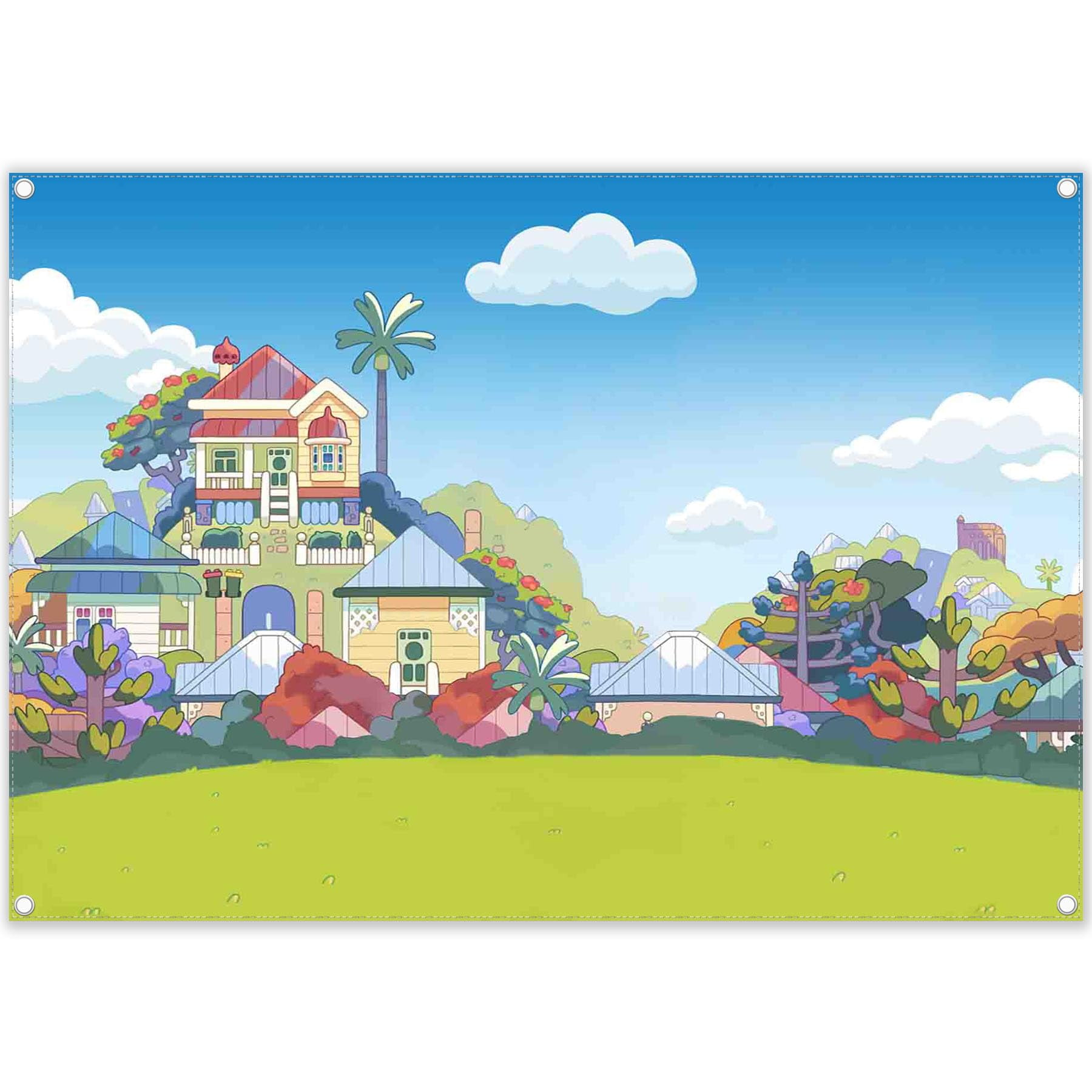 7x5ft Cartoon Dog Home Backdrop Blue Sky Clouds House Grassland