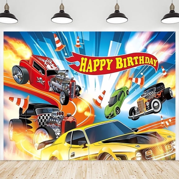 7x5ft Cartoon Hot Rod Cars Flames Birthday Backdrop for Boys