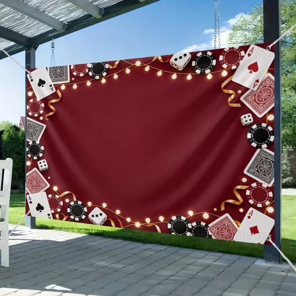 7x5ft Casino Party Photo Booth Backdrop, Poker Cards Chips Dice Neutral Design Photography Background Without Any Brand Logo, Blank Middle Area for Game Night Casino Themed Party Photo Decor