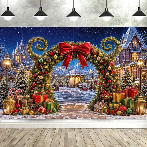 7x5ft Christmas Arch Wonderland Photography Backdrop, Snowy Winter Magical Town Scene Arch Background Banner for Xmas Holiday Party Wall Decor Portrait Photo Booth Studio Props
