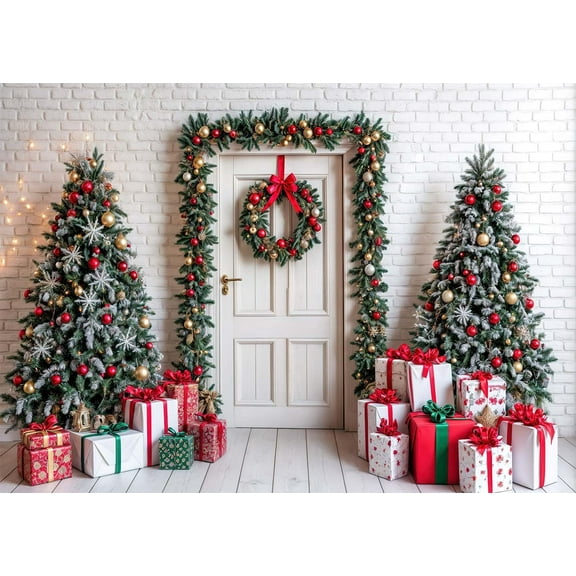7x5ft Christmas Backdrop Christmas Holiday Barn Door Backdrops for Photoshoot Xmas Tree Door Photography Winter Snow Children Photo Studio Background Party Decoration Supplies