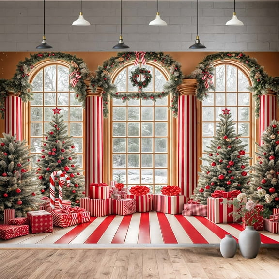 7x5ft Christmas Backdrop, Palace Christmas Tree Window Scene Winter Snow Forest Background for Xmas New Year Holiday Party Decor Banner Backdrop Photo Booth Prop,color2