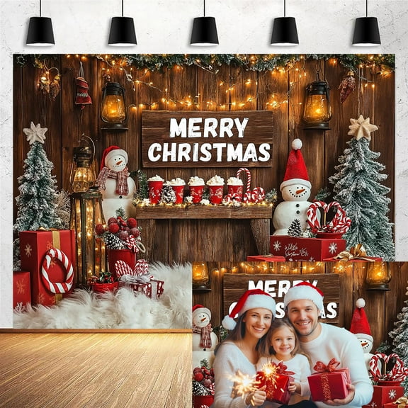 7x5ft Christmas Backdrop Photography Candy Shop Snowman Rustic Barn Wood Christmas Tree Decor Background Winter Xmas Kerosene Lamp Fireplace Candy Backgrounds Children Holiday Party Decoration