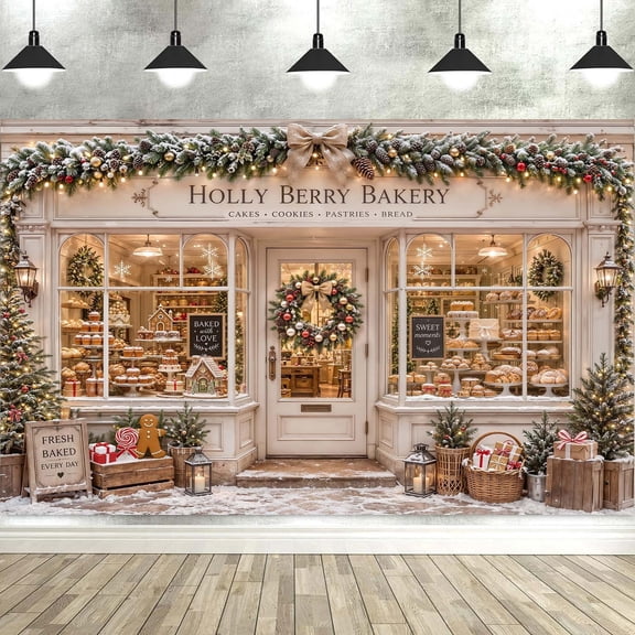 7x5ft Christmas Bakery Shop Photography Backdrop, Winter Snowy Gingerbread House Festive Store Photo Background Banner for Xmas Holiday Party Portrait Photo Booth Studio Props
