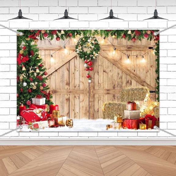 7x5ft Barn Wood Door Christmas Tree Gift Backdrop for Holiday Party