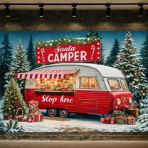7x5ft Christmas Camper Backdrop, Red Santa's Cartoon Camper Van Winter Snowy Forest Pine Trees Background Banner Merry Xmas Backdrop for Family Holiday Party Baby Shower Decorations,muti1