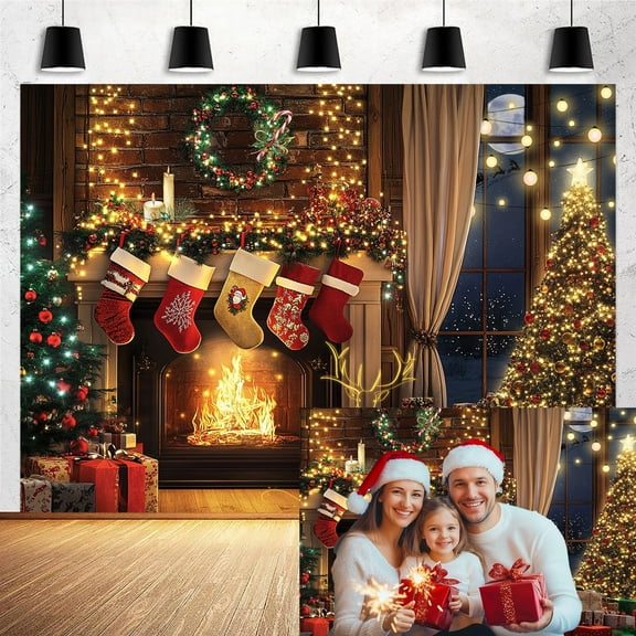 7x5ft Christmas Fireplace Backdrop Deer Winter Snow Window Photography Background Xmas Tree Stockings Banner Decorations Lamp New Year Party Kids Birthday Portrait Photo Booth Props