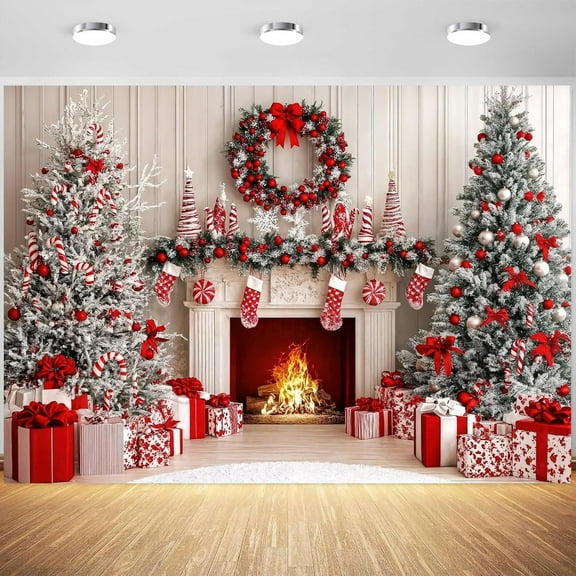 7x5ft Christmas Fireplace Backdrop White Red Christmas Tree Backdrops for Photography Background Winter Xmas Classic Interior Room Family Kids Holiday Party Banner Decorations Photo Booth Props