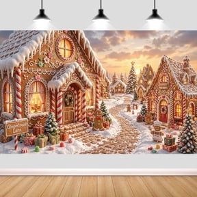 7x5ft Christmas Gingerbread House Village Photography Backdrop Banner, Winter Snow Xmas Town Scene Background for Holiday Christmas Party Wall Decor Family Kids Portrait Photo Booth Studio Prop
