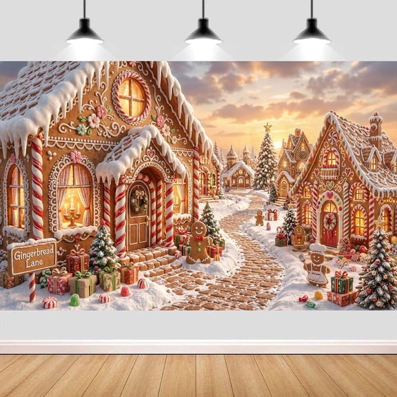 7x5ft Christmas Gingerbread House Village Photography Backdrop Banner, Winter Snow Xmas Town Scene Background for Holiday Christmas Party Wall Decor Family Kids Portrait Photo Booth Studio Prop