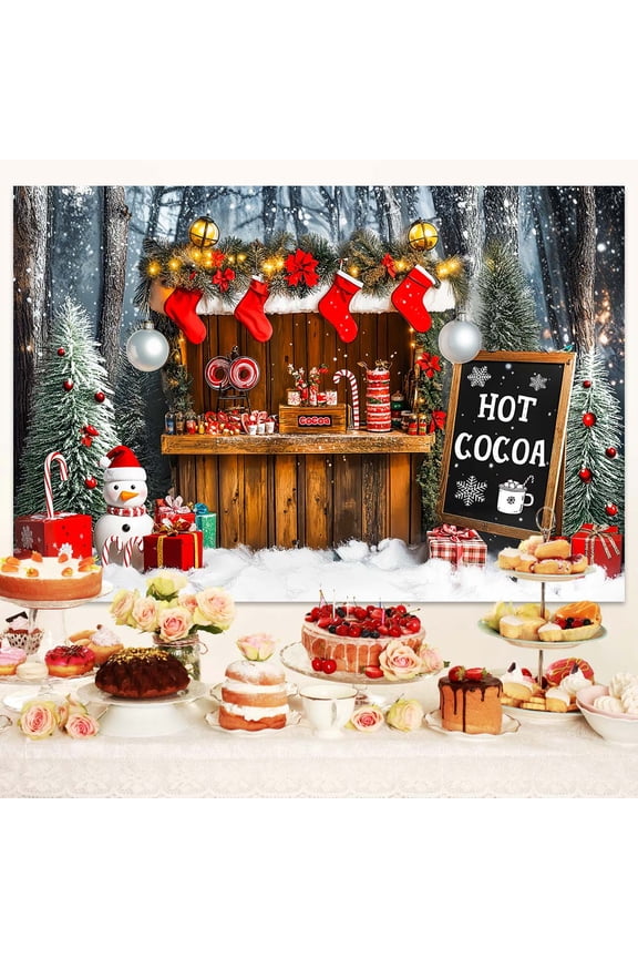 7x5ft Christmas Hot Cocoa Photography Backdrop Xmas Tree Candy Kids Photography Backdrop Snow Farmhouse Wooden Winter Xmas Family Party Decoration Banner Photo Booth Props Background