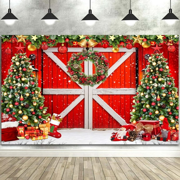 7x5ft Christmas Photography Backdrop, Red Barn Door Christmas Pine Tree Toy Gift Winter Xmas Holiday Backdrop Background Party Banner Decor Baby Kids Family Photo Booth Studio Props