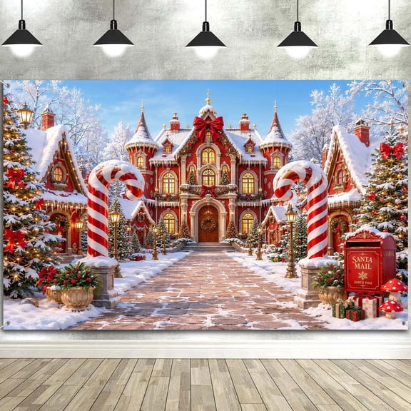 7x5ft Christmas Red Castle Candy Cane Photo Backdrop Xmas Party Banner Winter Snowy Castle Photography Background for Holiday Xmas Party Decor Family Kids Portrait Photo Booth Studio Prop