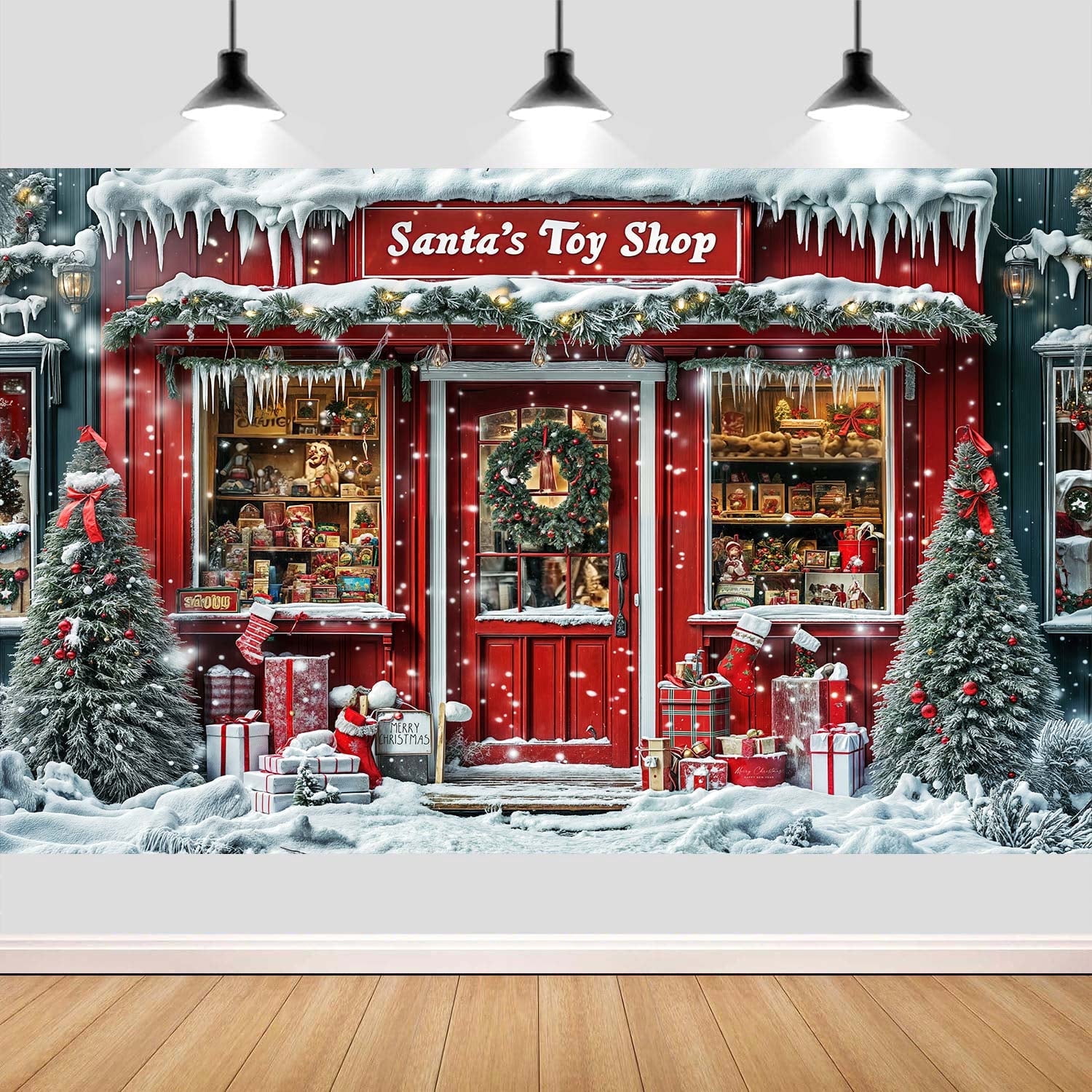 7x5ft Christmas Santa's Toy Shop Photo Backdrop, Winter Snow Red Santa ...