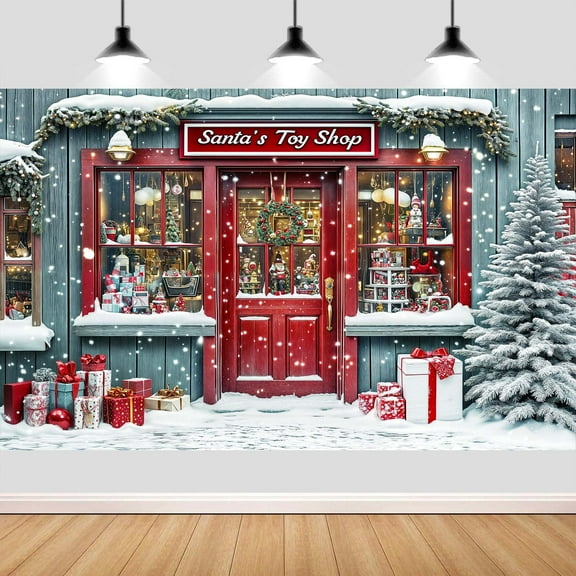 7x5ft Christmas Santa's Toy Shop Photo Backdrop, Winter Snow Red Santa's Toy Shop Photography Backdrop Background for Kids Family Xmas Holiday Party Decoration Portrait Photo Studio Props,muti3
