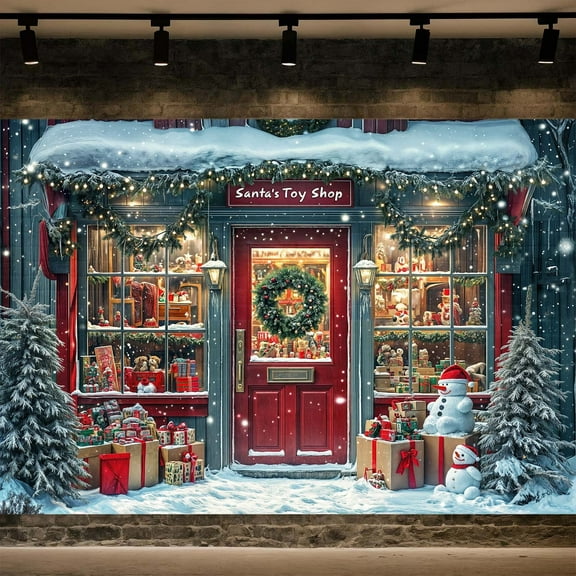 7x5ft Christmas Santa's Toy Shop Photo Backdrop, Winter Snow Red Santa's Toy Shop Photography Backdrop Background for Kids Family Xmas Holiday Party Decoration Portrait Photo Studio Props,muti2