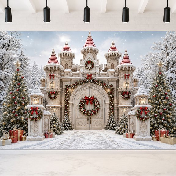 7x5ft Christmas Snow Castle Backdrop, Winter Fairy Tale Stone Castle Photography Background, Xmas Wreath Bow Gift Box Photo Booth Prop for Party Studio Decor