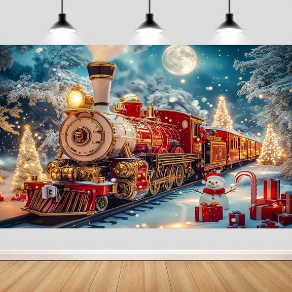7x5ft Christmas Train Backdrop, Winter Snow Night Forest Fairytale Christmas Santa Claus Train with Snowman Backdrop Background Holiday Party Photo Booth Studio Props,color2