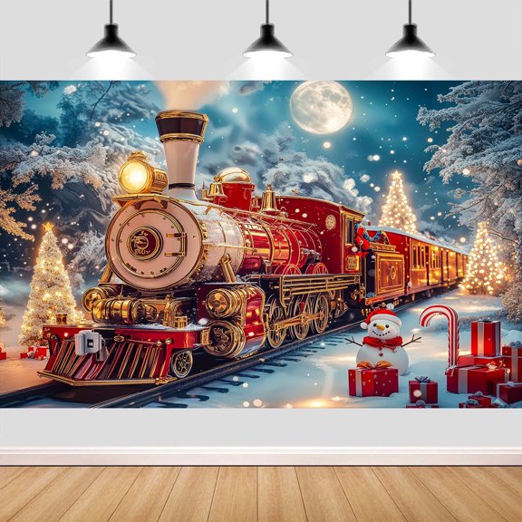 7x5ft Christmas Train Backdrop, Winter Snow Night Forest Fairytale Christmas Santa Claus Train with Snowman Backdrop Background Holiday Party Photo Booth Studio Props,color2