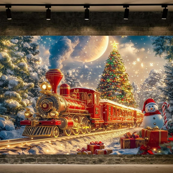 7x5ft Christmas Train Backdrop, Winter Snow Night Forest Fairytale Christmas Santa Claus Train with Snowman Backdrop Background Holiday Party Photo Booth Studio Props