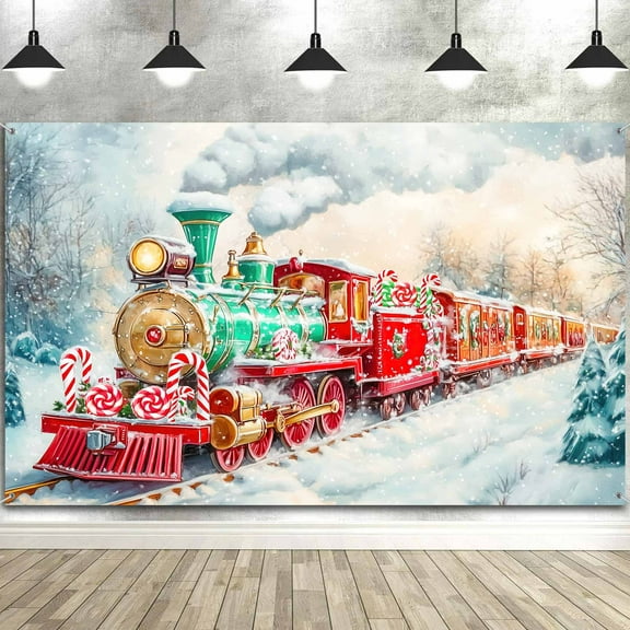 7x5ft Christmas Train Photography Backdrop Snowy Train Background Winter Pine Tree Red Candy Decorations for Christmas Party Winter Holiday Festival Photo Booth Background Home Class Decor