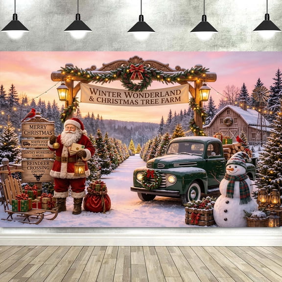 7x5ft Christmas Tree Farm Photography Backdrop Wall Decor, Santa Claus Vintage Green Truck Christmas Barn Snowman Winter Sunset Photography Background for Xmas Party Family Portrait Photo Booth