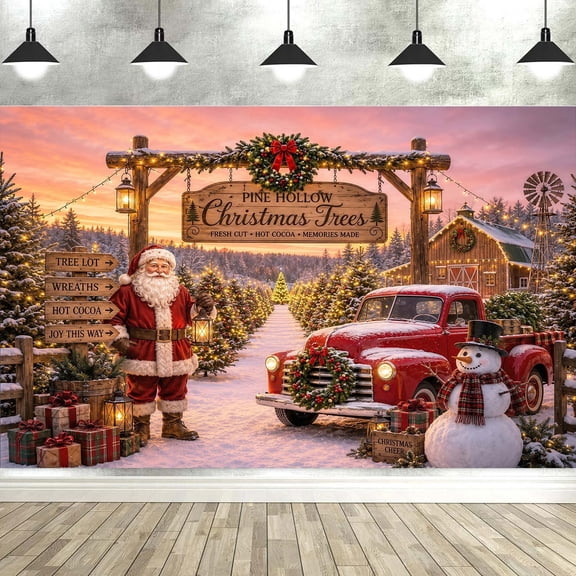 7x5ft Christmas Tree Farm Photography Backdrop Wall Decor, Santa Claus Vintage Red Truck Christmas Barn Snowman Winter Sunset Photography Background for Xmas Party Family Portrait Photo Booth