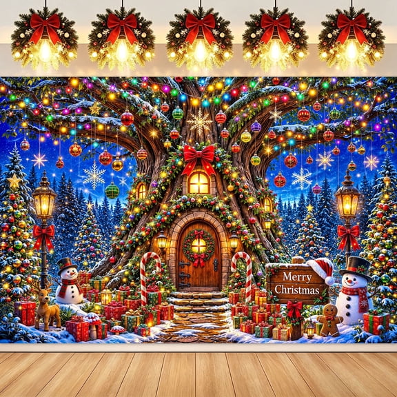 7x5ft Christmas Tree House Backdrop, Winter Snow Forest Photography Background, Snowman Gift Lights Xmas Photo Booth Prop for Holiday Party, Studio
