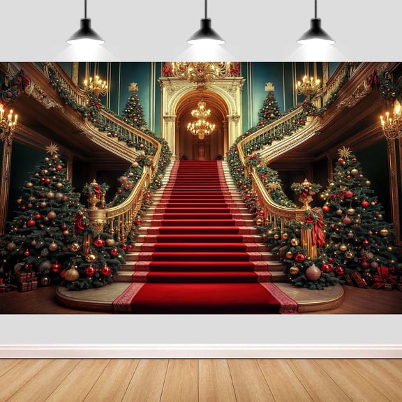 7x5ft Christmas Tree Photo Backdrop, Retro Christmas Luxury Palace Indoor Red Carpet Staircase Backdrop Photography Background for Christmas New Year Photographer Studio Props