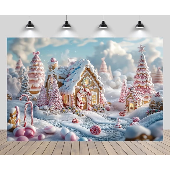 7x5ft  Christmas Village Backdrop Christmas Tree Gingerbread House Candy House Winter Snowy Landscape Background Xmas Eve  Year  Birthday Party Decor Portrait Photo Booth Props