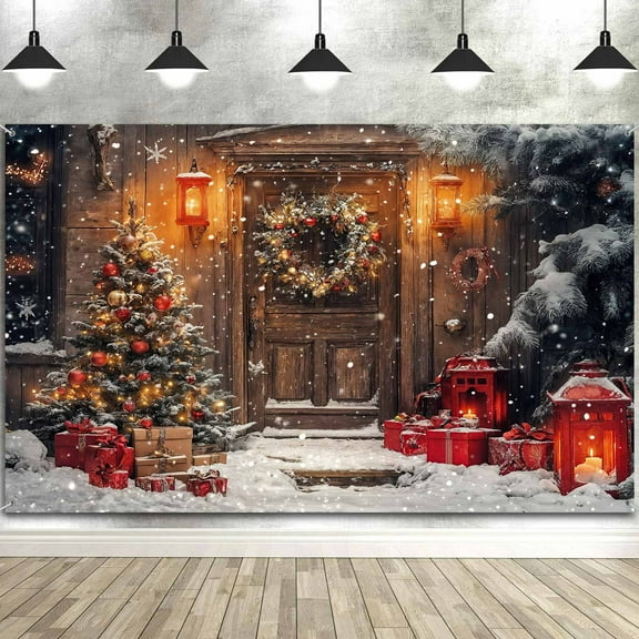 7x5ft Christmas Wood Door Backdrop Christmas Rustic Barn Wood Door Backdrop Xmas Pine Tree Glitter Gifts Family Decoration Background Holiday Party Banner Decorations Photo Booth Props