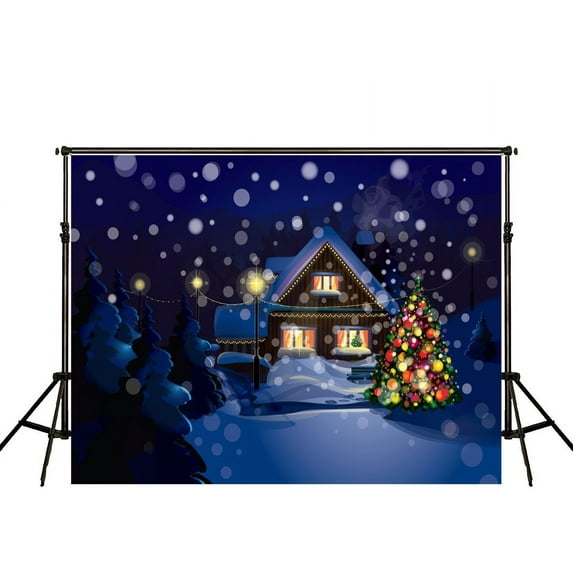 7x5ft Christmas at Night Christmas Tree outside House Photography Backdrops Christmas Decoration