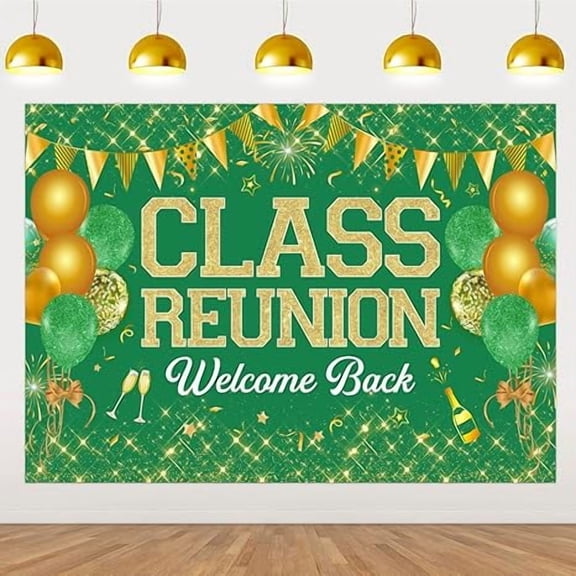 7x5ft Class Reunion Welcome Back Backdrop - Green and Gold Class Reunion Decorations, Photography Background for High School 10th 20th 30th 40th 50th Reunion Welcome Back Party